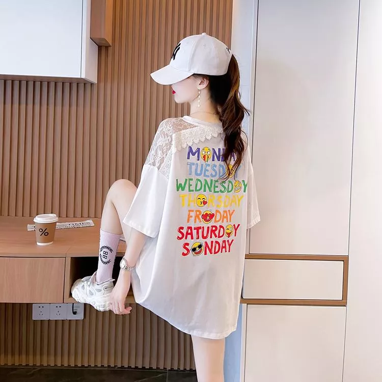 夏季韓版寬鬆蕾絲花邊背後彩色印花拼接短袖T 2色 M-2XL