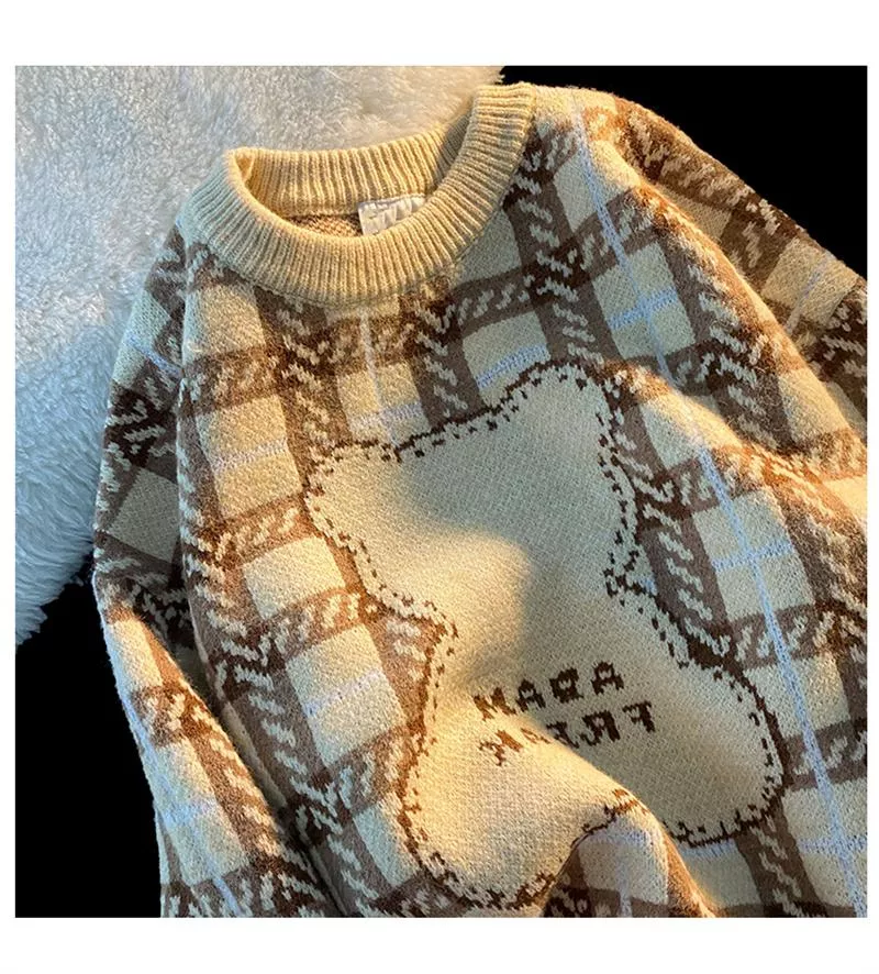針織格子英倫風秋冬設計感韓版長袖寬鬆毛衣2色