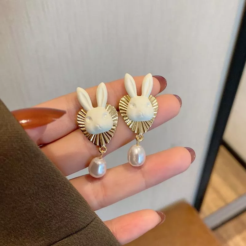 S925銀針日韓風氣質復古兔子時尚巴洛克風珍珠耳飾