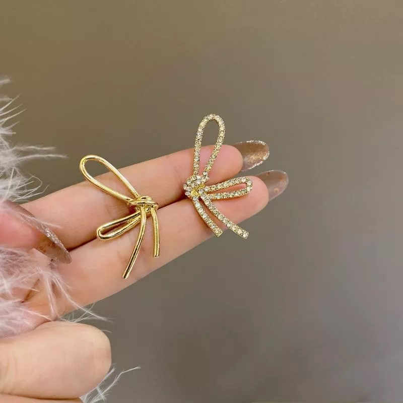 S925銀針網紅氣質時尚不規則鑲鑽蝴蝶結耳環