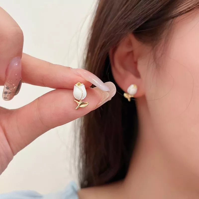 S925銀針韓國氣質鬱金香耳釘甜美六件套耳飾