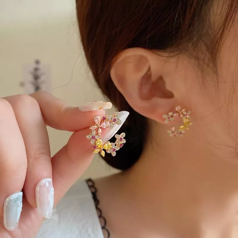S925銀針時尚唯美ins風仙氣少女花朵鑲鋯石耳飾