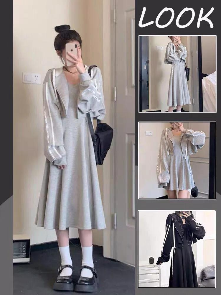 休閒衛衣開衫吊帶連衣裙小個子顯瘦長裙 M-2XL 休閒衛衣開衫吊帶連衣裙小個子顯瘦長裙 M-2XL