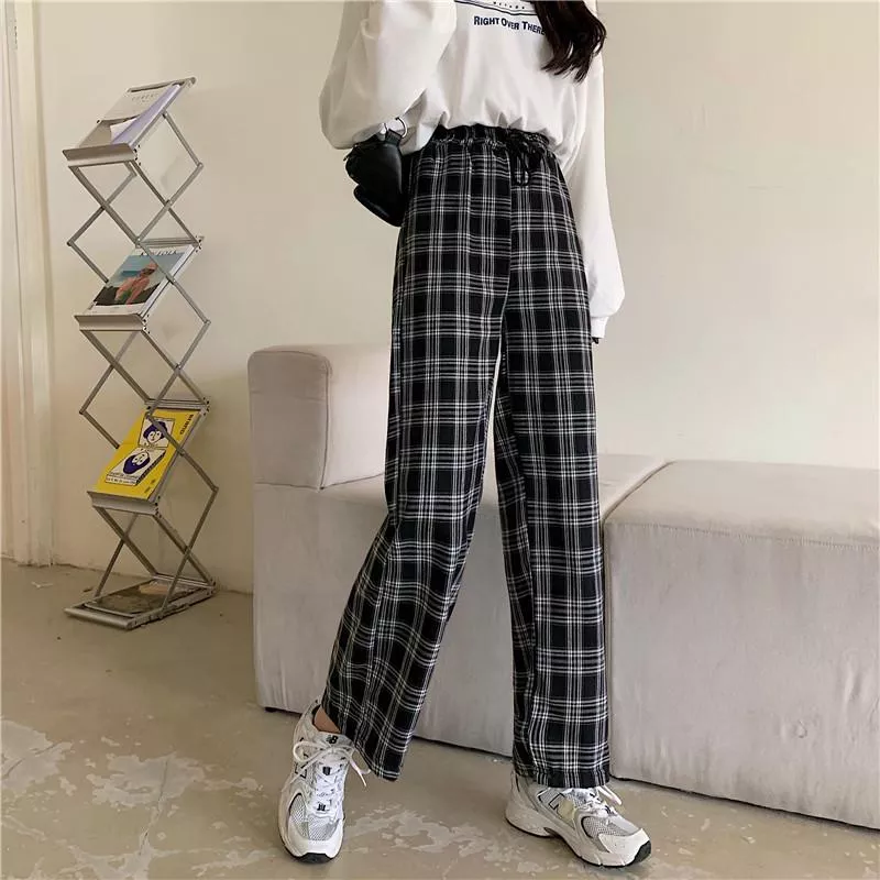 格子長褲子春秋ins墜感直筒高腰顯瘦小個子闊腿褲 M-2XL 格子長褲子春秋ins墜感直筒高腰顯瘦小個子闊腿褲 M-2XL