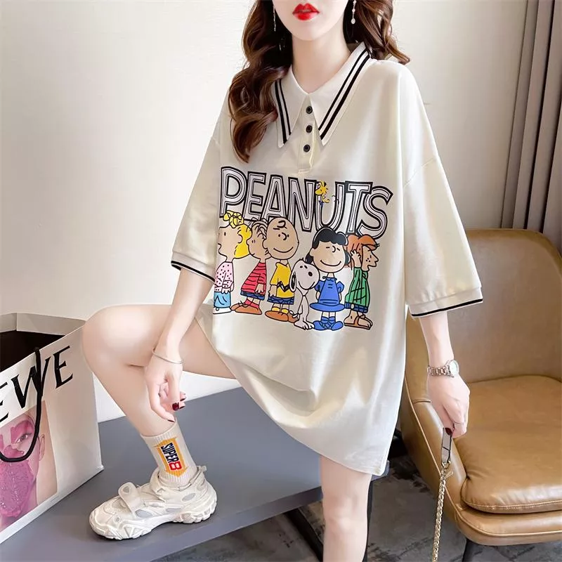Peanuts史努比后包領斜紋拉架夏季POLO衫中長款短袖T恤 M-XL