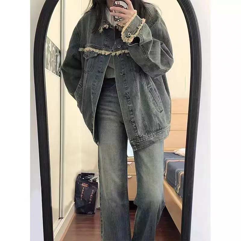 純棉牛仔布牛仔不規則邊外套韓版寬鬆春秋款 M-2XL 純棉牛仔布牛仔不規則邊外套韓版寬鬆春秋款 M-2XL