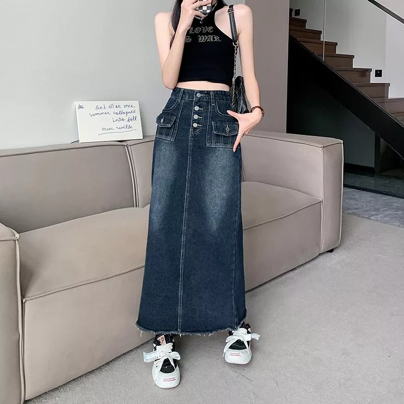高腰牛仔半身裙新款復古設計感小眾A字長裙 S-XL 高腰牛仔半身裙新款復古設計感小眾A字長裙 S-XL