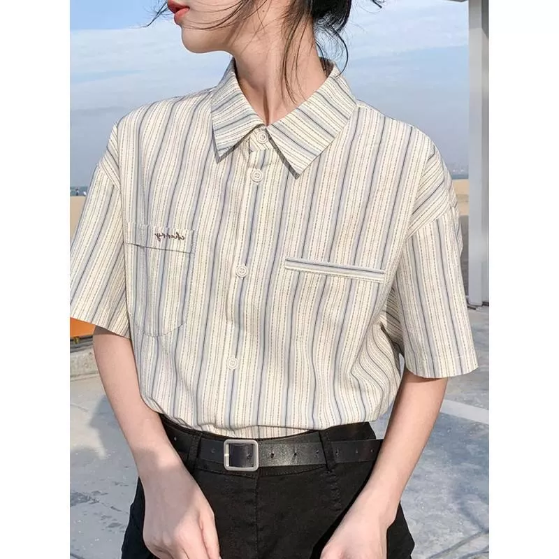 夏季日系復古豎條紋設計感小眾學院風襯衣寬鬆短袖襯衫