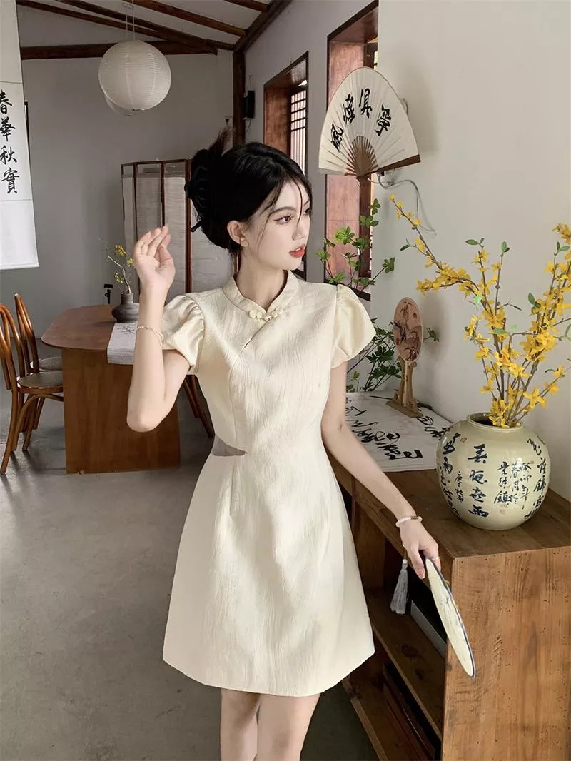 新中式改良旗袍連衣裙泡泡袖收腰顯瘦鏤空裙子S-XL