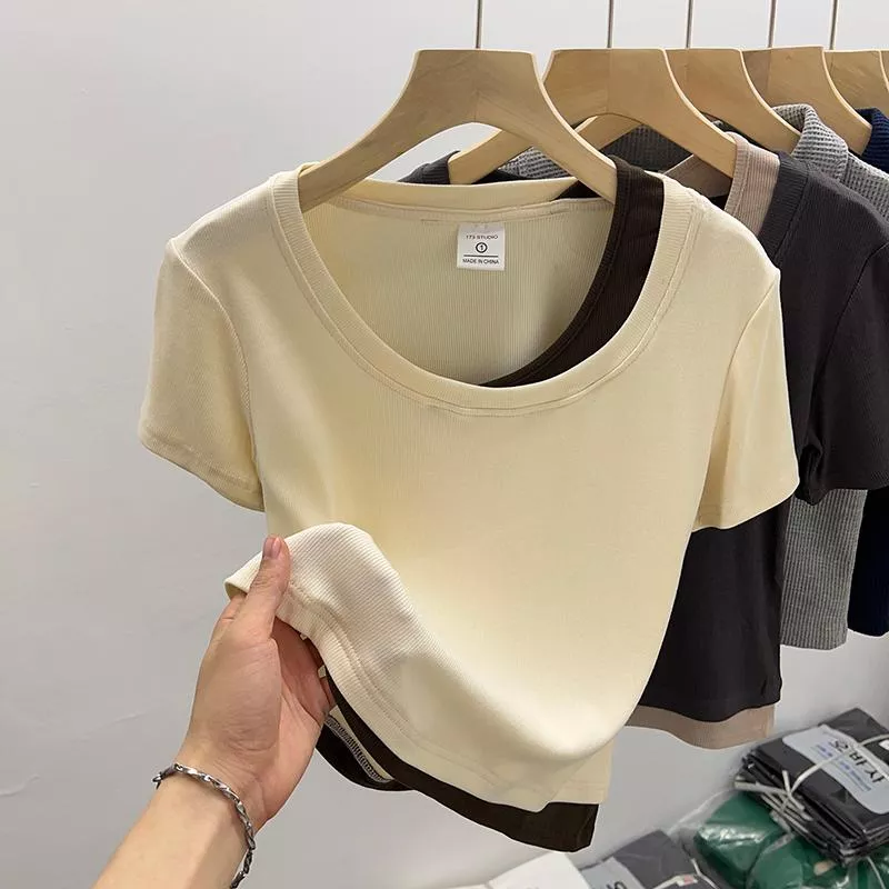 實拍莫代爾短袖夏假兩件短款圓領上衣2色 M-2XL 實拍莫代爾短袖夏假兩件短款圓領上衣2色 M-2XL