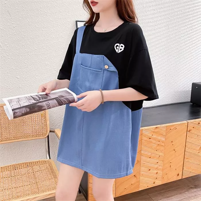 後包領純棉牛仔拼接短袖寬鬆薄款上衣2色 M-2XL 後包領純棉牛仔拼接短袖寬鬆薄款上衣2色 M-2XL
