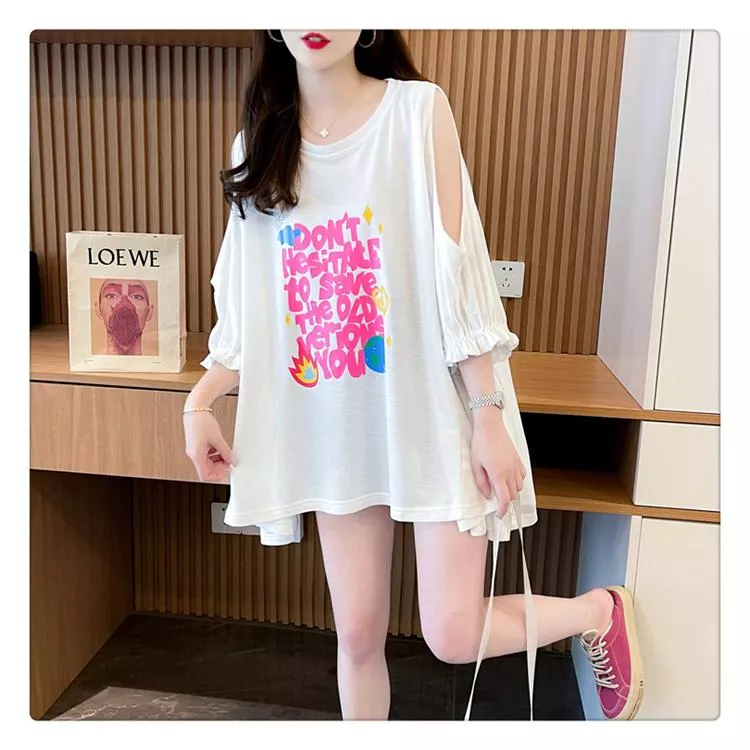 6535棉夏季露肩設計百搭寬鬆字母印花圓領T卹三色 M-2XL 6535棉夏季露肩設計百搭寬鬆字母印花圓領T卹三色 M-2XL