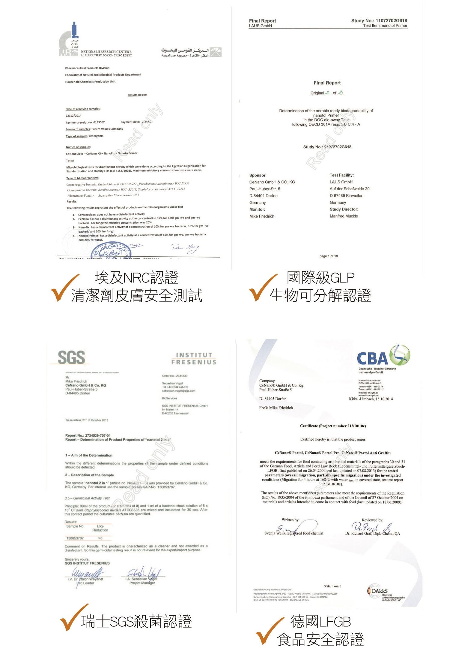 المركزللبحوثNATIONAL RESEARH CENTEREAL BUHOUTH OKKICAIRO EGYPTPhrmaceutical Products ivisionChemistry of Nural Microbial Products epartntHousehold Chemicals Production UnitResults Reptالمركز للبحوثالدقى القاهرة جمهورية مصر العربيةFinal ReportUS GmbHStudy 770G Item nanol PrerFinal ReportOriginal 2 of 2Date of receiving samples2212/2014Payment receipt no 018367Payment dateSource of samples Future Values CompanyType of samples detergentsNames of samples onlyCeNanoClearCeNano K3 PrimerTestsMicrobiological tests for disinfectant activity which were done according to the Egyptian Organization forStardization and Quality EOS ES 4158/2008 Minimum inhibitory concentration tests were doneType of Microorganisms:Gram negative : Escherichia ATCC 922 Pseudomonas aeruginosa ATCC 27953Gram positive bacteria: Bacillus cereus ATCC33018 Staphylococcus ATCC 29Filamentous Fungi: Aspergillus NRRL3251Results:The following results represent the effect of products on the microorganisms under test1CeNanoclear: does not have a disinfectant activity CeNano K3: has a disinfectant activity at the concentration 35% for both gm ve and gmvebacteria For fungi the effective concentration was 20% NanoFix: has a disinfectant activity at a concentration of 10% for gm ve bacteria 15% for gmvebacteria and 20% for fungi NanotolPrimer: has a disinfectant activity at a concentration of 15% for gm ve gmve bacteriaSponsor:Determination of the aerobic ready biodegradability ofnanotol Primerin the DOC dieaway Testfollowing OECD 301A resp C4 ACeNano GmbH & CO KGPaulHuberStr 5D84401 DorfenGermanyMonitor:Mike FriedrichRead Test Facility:LAUS GmbHAuf der Schafweide 20D67489 GermanyStudy Director:Manfred Muckleand 20% for fungi القومى 埃及NRC認證清潔劑皮膚安全測試SGSINSTITUTFRESENIUSMike FriedrichCeNano GmbH & Co KGPaulHuber 5D-84405 DorfenOrder No 2734539Sebastian Vogel 6128/sebastianvogel@sgscomBioServicesTaunusstein 21 of October 2013page 1 of 18國際級GLP生物可分解認證Company GmbH & Co KgPaul-Huber-Straße 5D-84405 DorfenCBAChemische Produkte-Beratungund-Analyse GmbH -Straße 10D-66459 -: Telefax: 06841-18997-17info@cba-analytikdeKirkel-Limbach 1510.2014.SGS INSTITUT FRESENIUS GmbHim Maisel 14FAO: Mike FriedrichD-65232 TaunussteinCertificate (Project number 213/10/)Report : 2734539-707-01Report-Determination of Product Properties of nanotol 2 in1-Aim of the DeterminationWithin the different determinations the propertiesshould be detected.ample under defined conditions2-Description of the SampleThe sample nanotol 2 in 1 (article no. KG Germany. For internal use the sample at3.5-Germicidal Activity Test5) was provided by CeNano GmbH & Co.SAP-No. 130853707Principle: 99 of the product or a me of it) and 1 of a bacterial stock solution of 8 x10 CFU/ml Staphylococcus aureus ATCC6538 are mixed and incubated for 30 sec. Afterthis contact period the culturable bacteria are quantified.Certified hereby is that the product seriesCeNano® Portol, CeNano® Portol Pro, C- Portol Anti fitimeets the requirements for food contacting and materials of the paragraphs 30 and 31of the German Food, Article and Feed Law (Lebensmittel- und Futtermittelgesetzbuch-LFGB first published on 26.04.2006 and last updated on 07.08.2013) for the tested (overall migration, specific migration) under the investigatedconditions (Migration for 4 hours at with water dem, in covered state, see test report213/10/).The results of the above parameters also meet the requirements of the Regulation(EC) No. 1935/2004 of the parliament and of the Council of 27 October 2004 onmaterials and articles intended to come in contact with food (last updated on 18.06.2009).Results:Sample No.Log-Reduction1308537076Comment on Results: The product is characterized as a cleaner and not awarded as adisinfectant. So this germicidal testing result is not relevant for the export/import purpose.Sincerely yours,SGS INSTITUT FRESENIUS. Ralph WeyandtLA. Sebastian LeaderProject Manager瑞士SGS殺菌認證Written by:Reviewed by:Svenja Weiß, registered food chemistDr. Richard , Dipl.-Chem., QASeite 1 von 1DAkkS Graf Graf -D-: 138344417 -: 10 : DE 25 500 10 10 10 664 504 ST 德國LFGB食品安全認證DeutscheAkkreditierungsstelleD--14360-01-00
