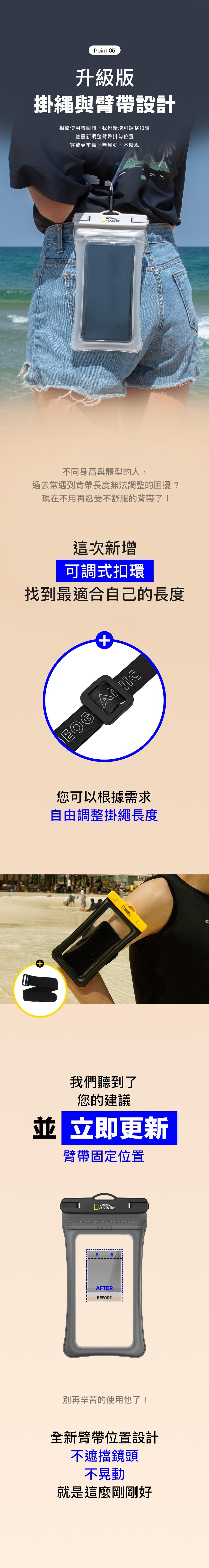 Point 05升級版掛繩與臂帶設計根據使用者回饋,我們新增可調整扣環並重新調整臂帶掛勾位置穿戴更牢靠,無晃動、不鬆脫NATIONALGEOG不同身高與體型的人,過去常遇到背帶長度無法調整的困擾?現在不用再忍受不舒服的背帶了!這次新增可調式扣環找到最適合自己的長度++EOG AIC您可以根據需求自由調整掛繩長度RAPHIC我們聽到了您的建議 立即更新臂帶固定位置NATIONALGEOGRAPHIC EST 1888AFTERBEFORE別再辛苦的使用他了!全新臂帶位置設計不遮擋鏡頭不晃動就是這麼剛剛好