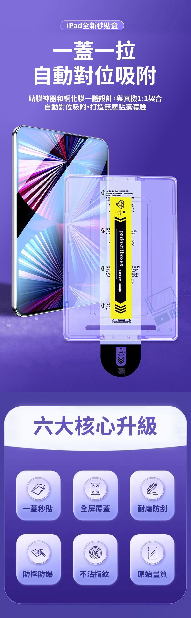 iPad全新秒貼盒一蓋一拉自動對位吸附神器和鋼化膜一體設計與真機1契合自動對位吸附,打造無塵貼膜體驗CN,貼膜神器1  el tablets con   y la plastificadora  ③paratpadostitboxes ④::可自动排气pulgarla parte 六大核心升級一蓋秒貼全屏覆蓋耐磨防刮防摔防爆不沾指紋原始畫質