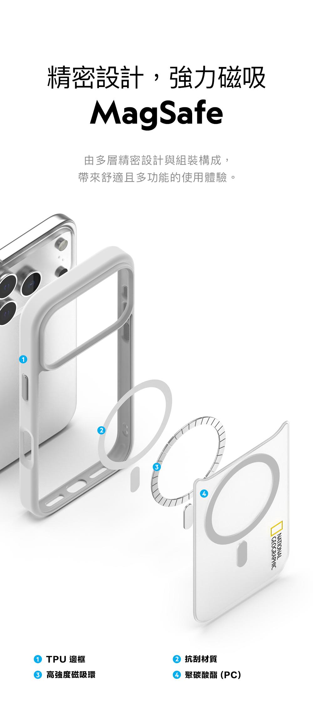 精密設計,強力磁吸MagSafe由多層精密設計與組裝構成,帶來舒適且多功能的使用體驗。1GEOGRAPHICNATIONAL① TPU 邊框 高強度磁吸環② 抗刮材質④ 聚碳酸酯(PC)