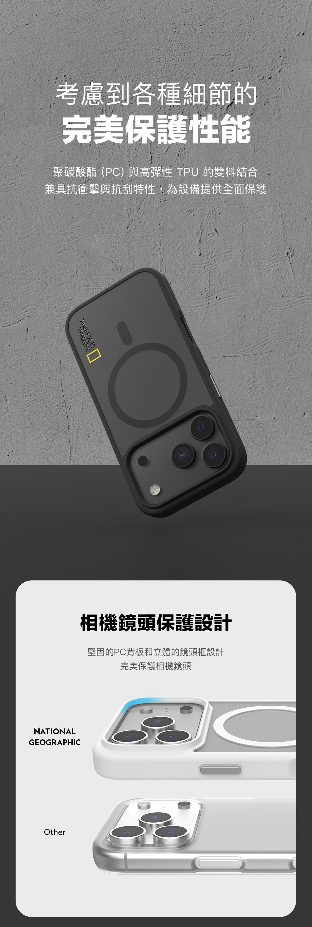 考慮到各種細節的完美保護性能聚碳酸酯(PC)與高彈性 TPU 的雙料結合兼具抗衝擊與抗刮特性,為設備提供全面保護NATIONALGEOGRAPHICOther相機鏡頭保護設計堅固的PC背板和立體的鏡頭框設計完美保護相機鏡頭