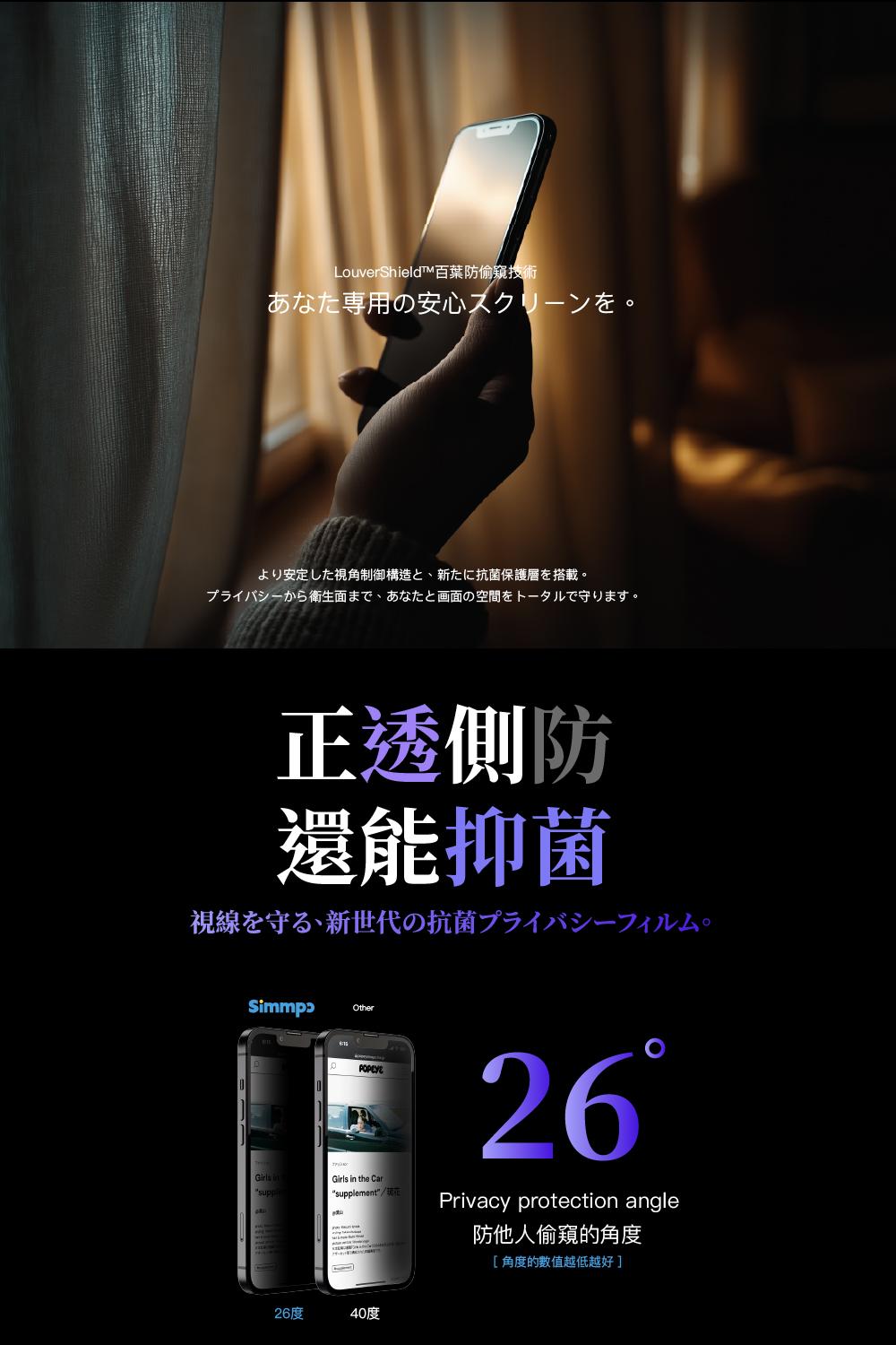 LouverShield百葉防偷窺技術あなた専用の安心スクリーンをより安定した視角制御構造と新たに抗菌保護層を搭載。プライバシーから衛生面まで、あなたと画面の空間をトータルで守ります。正透側防還能抑菌視線を守る、新世代の抗菌プライバシーフィルムOtherGirls suppGirls in the Carsupplement26Privacy protection angle防他人偷窺的角度[角度的數值越低越好]26度40度