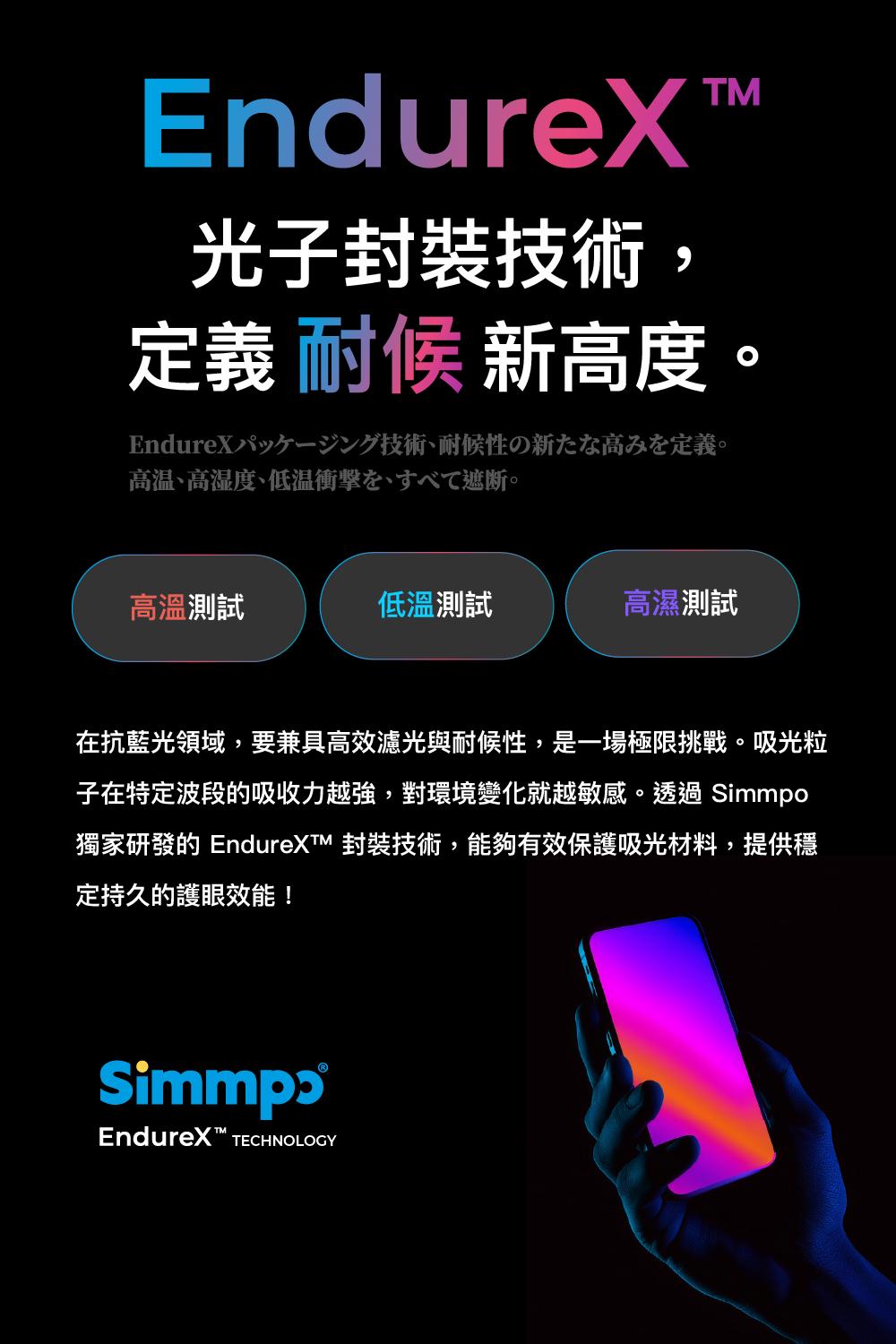 EndureX光子封裝技術,TM定義 耐候 新高度。技術、耐候性の新高定義。高温、高湿度、低溫衝擊、寸遮斷。高溫測試低溫測試高濕測試在抗藍光領域,要兼具高效濾光與耐候性,是一場極限挑戰。吸光粒子在特定波段的吸收力越強,對環境變化就越敏感。透過 Simmpo研發的 EndureXTM 封裝技術,能夠有效保護吸光材料,提供穩定持久的護眼效能!EndureX™ TECHNOLOGY