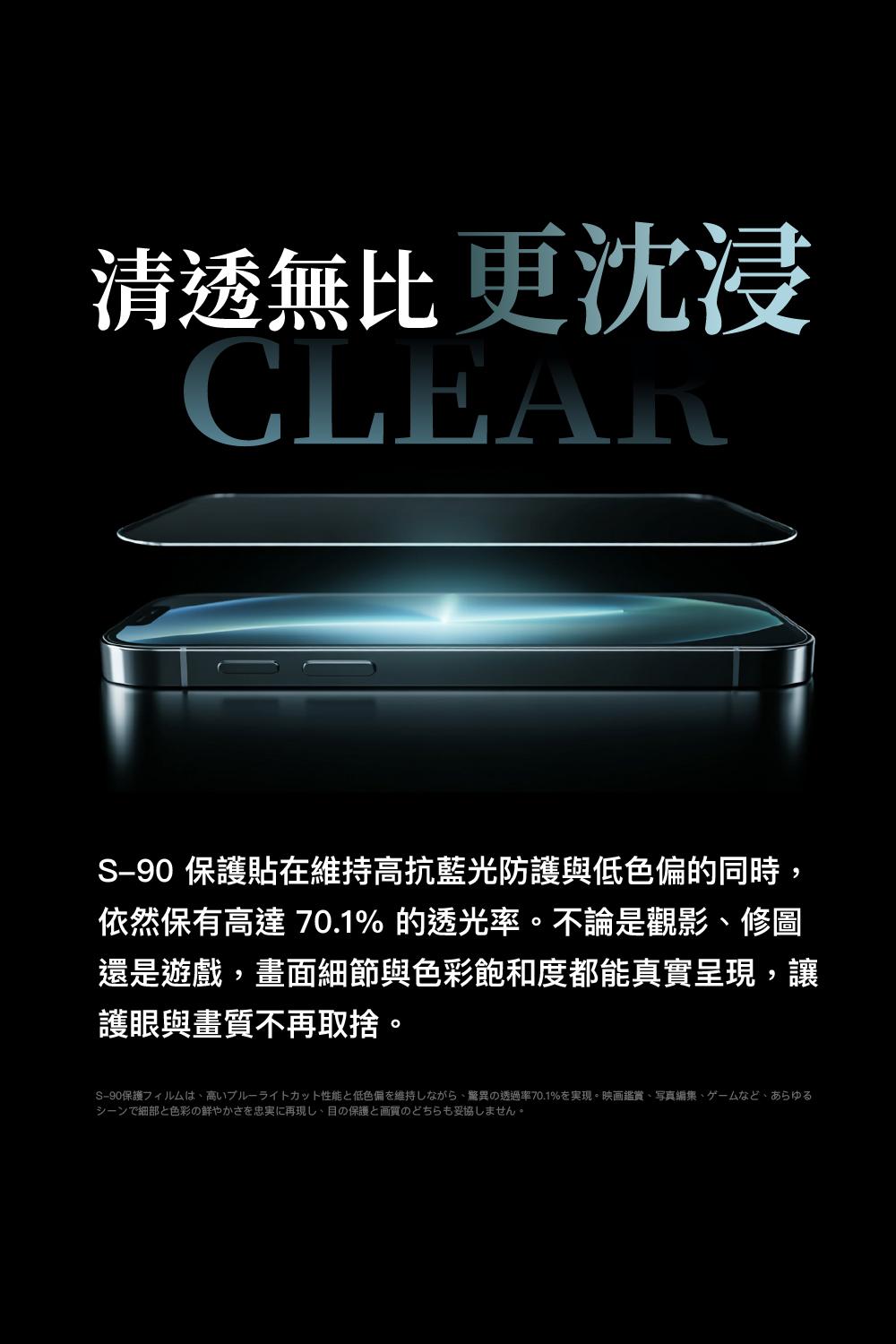 清透無比更沈浸CLEARS90 保護貼高抗藍光防護與低的同時,依然保有高達70.1% 的透光率不論是觀影修圖還是遊戲,畫面細節與色彩飽和度都能真實呈,讓護眼與畫質不再取捨。S90保護高性能低色偏在維持驚異の透過率70.1%現。画鑑賞、写真、、シーンで細部と色彩の鮮やかさを忠実に再現し、目の保護と画質のどちらも妥協しません。