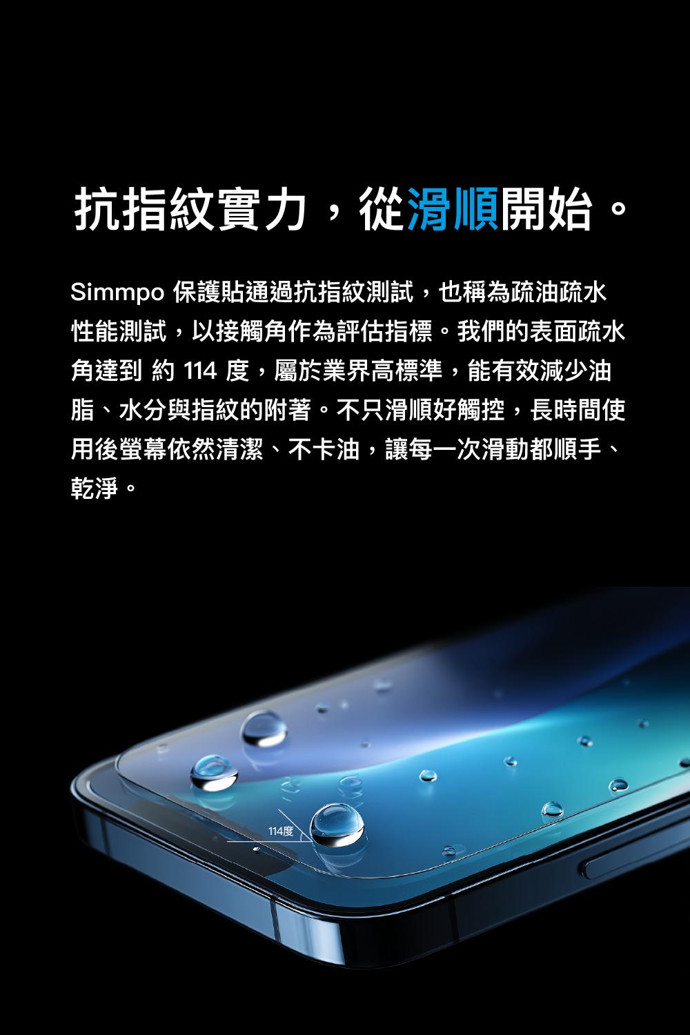 抗指紋實力,從滑順開始。Simmpo 保護貼通過抗指紋測試,也稱為疏油疏水性能測試,以接觸角作為評估指標。我們的表面疏水角達到 約 114 度,屬於業界高標準,能有效減少油脂、水分與指紋的附著。不只滑順好觸控,長時間使用後螢幕依然清潔、不卡油,讓每一次滑動都順手、乾淨。114度