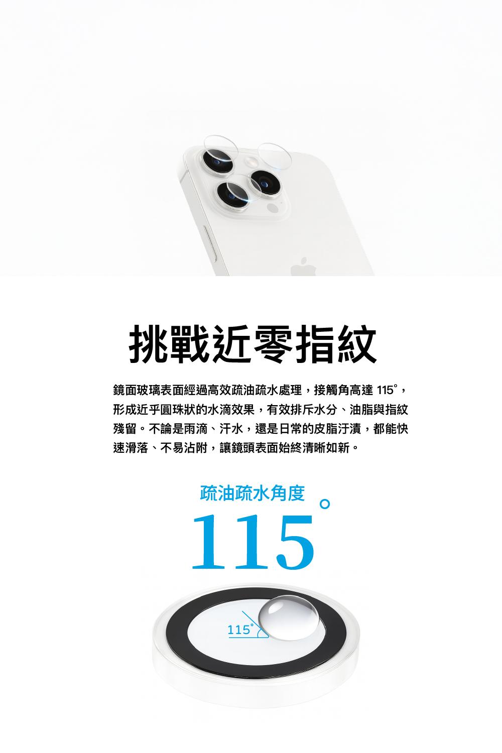 挑戰近零指紋鏡面玻璃表面經過高效疏油疏水處理,接觸角高達 115,形成近乎圓珠狀的水滴效果,有效排斥水分、油脂與指紋殘留。不論是雨滴、汗水,還是日常的皮脂汙漬,都能快速滑落、不易沾附,讓鏡頭表面始終清晰如新。疏油疏水角度115115°