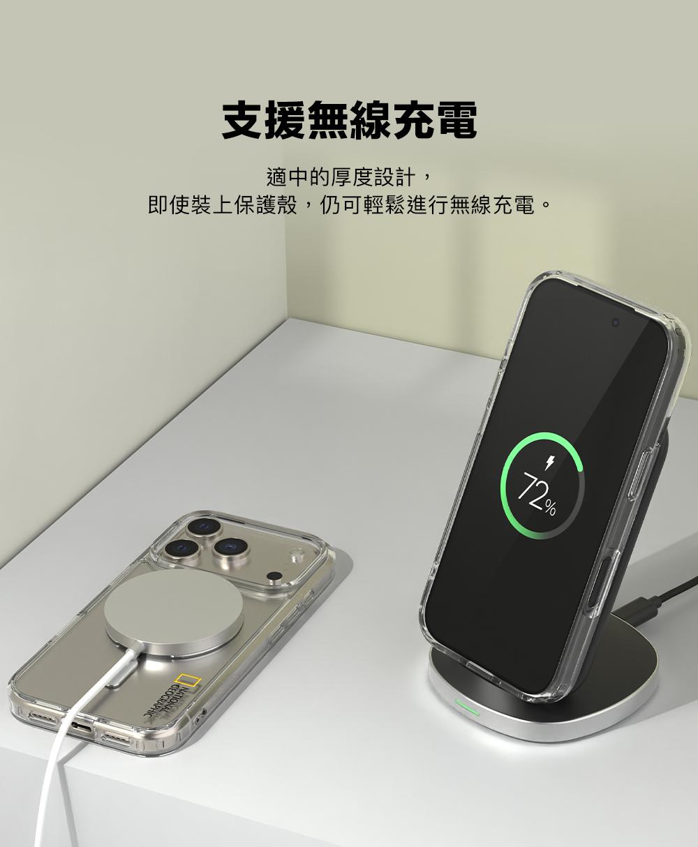 支援無線充電適中的厚度設計,即使裝上保護殼,仍可輕鬆進行無線充電。72%