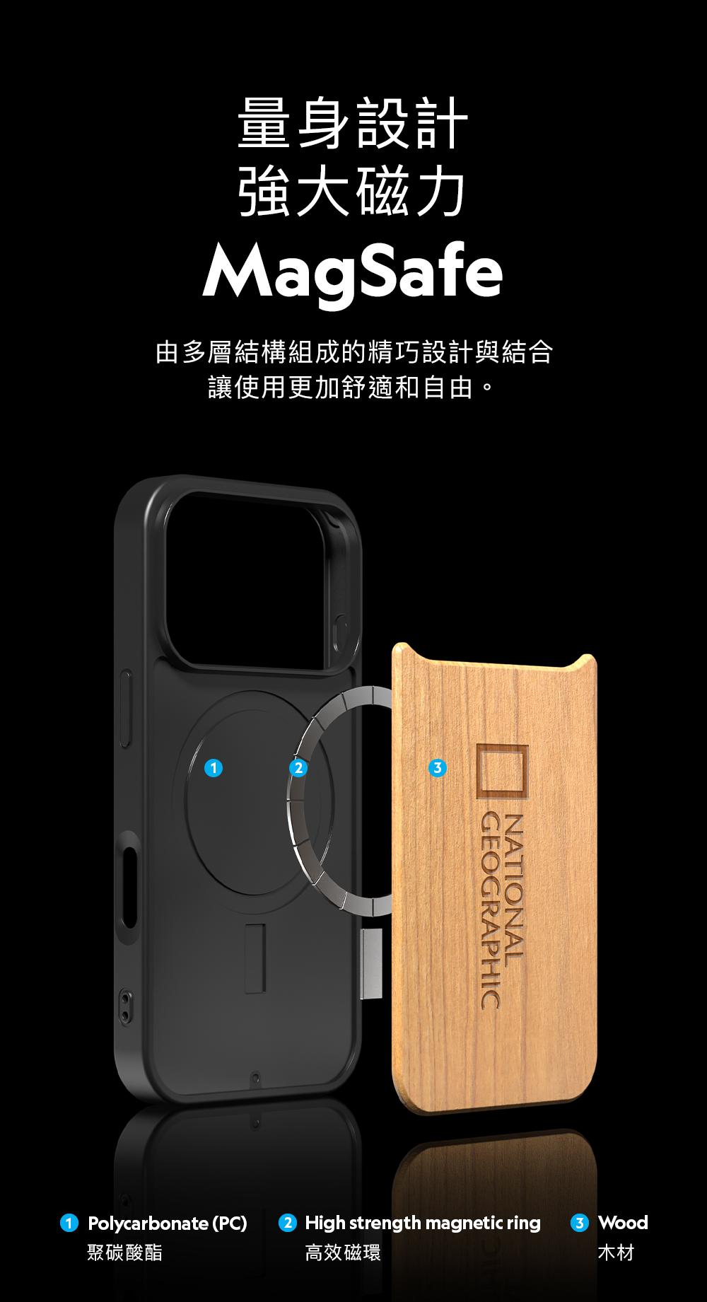 量身設計強大磁力MagSafe由多層結構組成的精巧設計與結合讓使用更加舒適和自由。Polycarbonate (PC)聚碳酸酯3GEOGRAPHICNATIONALHigh strength magnetic ring3 Wood高效磁環木材