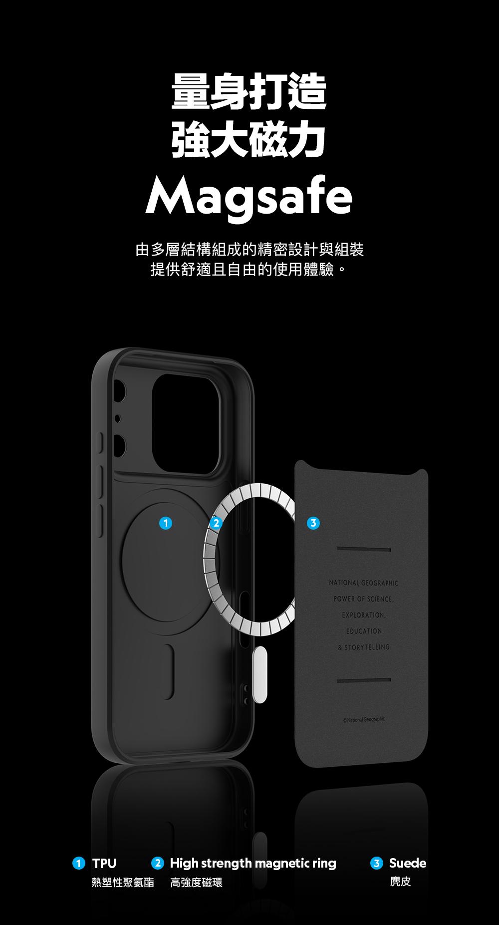 量身打造強大磁力Magsafe由多層結構組成的精密設計與組裝提供舒適且自由的使用體驗。1 TPUHigh strength magnetic ring熱塑性聚氨酯高強度磁環NATIONAL GEOGRAPHICPOWER OF SCIENCEEXPLORATION.EDUCATION& STORYTELLINGNational GeographicSuede麂皮