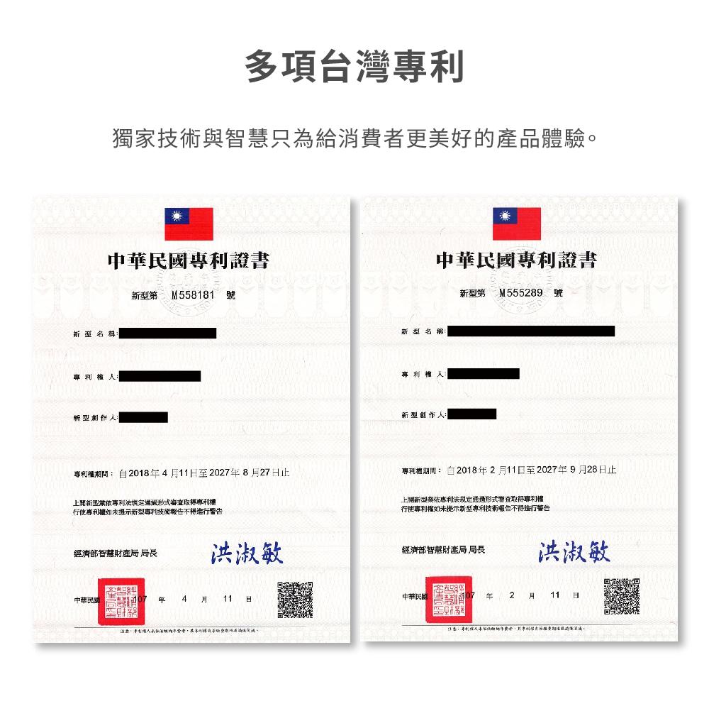 多項台灣獨家技術與智慧只為給消費者更美好的產品體驗。中華民國專利證書新型第M558181號中華民國專利證書新型第 M555289號新型名稱專利權:20184月11日至20278月27日止新型依專利法審查取得專利權行使專利權提示新型專利技術報告不得進行警告專利權期間:自2018年2月11日至2027年9月28日止上開新型依專利法規定形式查取得專利權行使專利權如未提示新型專利技術報告不得進行警告經濟部智慧財產局局長洪淑敏經濟部智慧財產局局長洪淑敏中華民年4月11日年2月11日