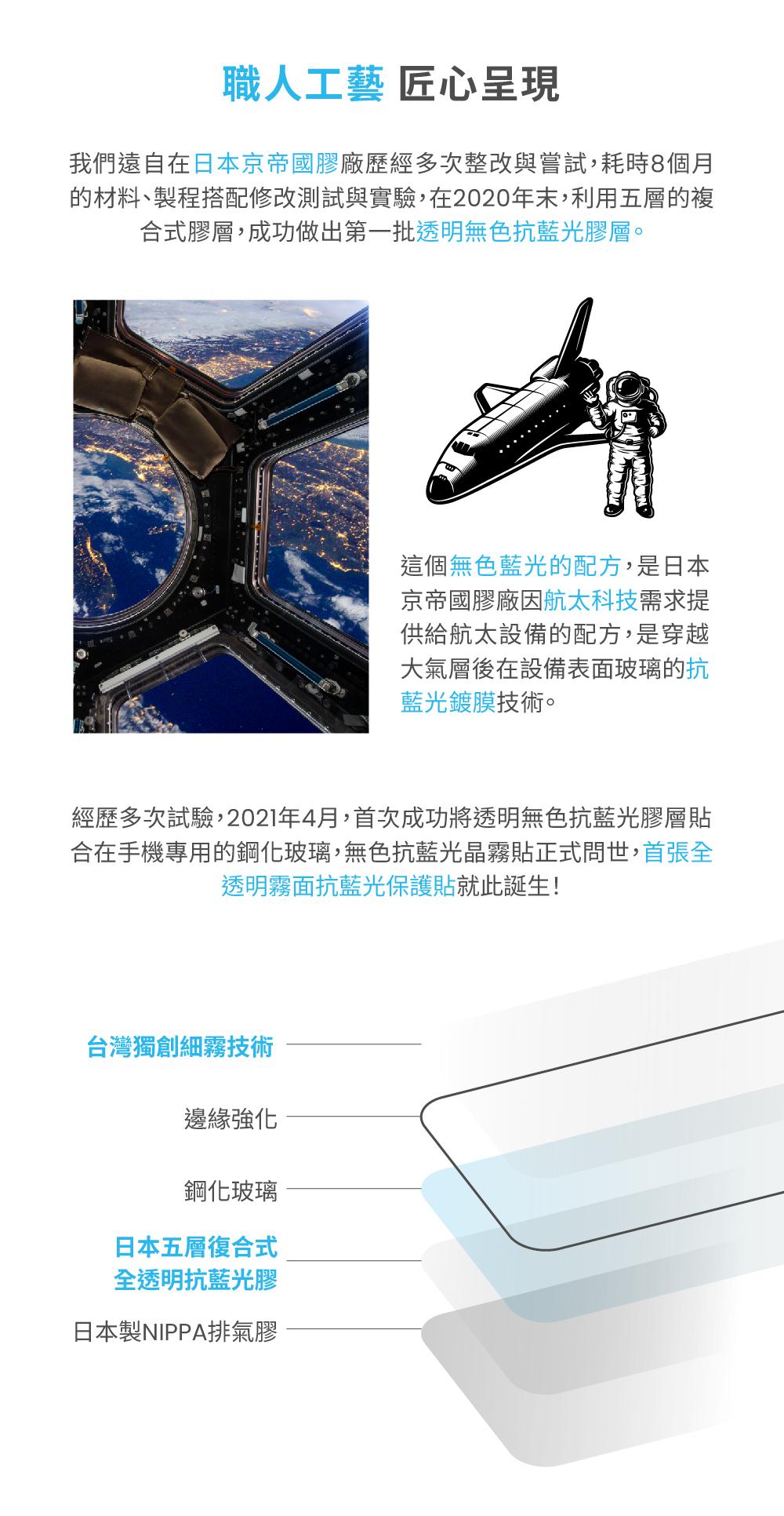職人工藝 匠心呈現我們遠自在日本京帝國膠廠歷經多次整改與嘗試,耗時8個月的材料、製程搭配修改測試與實驗,在2020年末,利用五層的複合式膠層,成功做出第一批透明無色抗藍光膠層。這個無色藍光的配方,是日本京帝國膠廠航太科技需求提供給航太設備的配方,是穿越大氣層後在設備表面玻璃的抗藍光鍍膜技術。經歷多次試驗,2021年4月,首次成功將透明無色抗藍光膠層貼合在手機專用的鋼化玻璃,無色抗藍光晶霧貼正式問世,首張全透明霧面抗藍光保護貼就此誕生!台灣獨創細霧技術邊緣強化鋼化玻璃日本五層複合式全透明抗藍光膠日本製NIPPA排氣膠