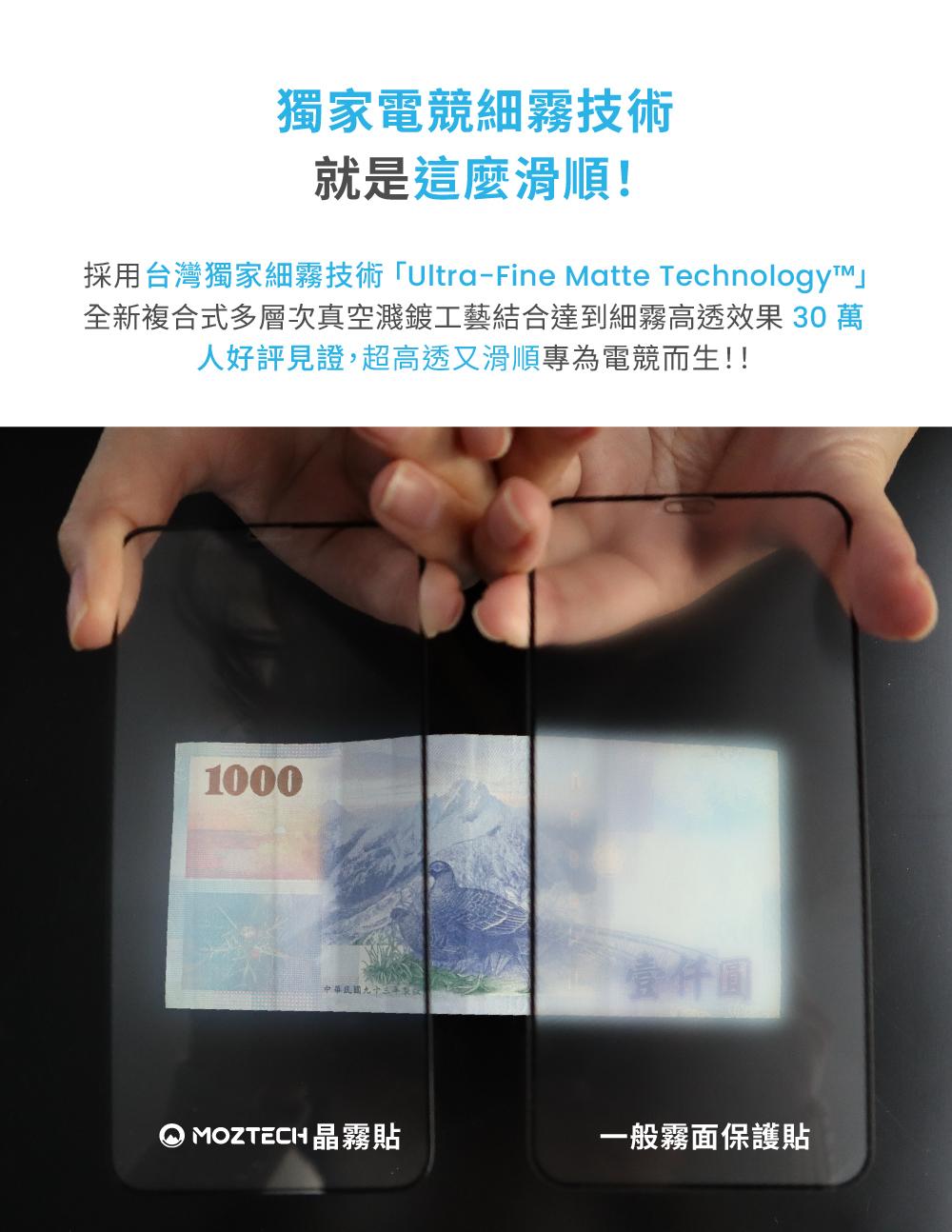 獨家電競細霧技術就是這麼滑順!採用台灣獨家細霧技術 「Ultra-Fine Matte Technology™」全新複合式多層次真空濺鍍工藝結合達到細霧高透效果30萬人好評見證,超高透又滑順專為電競而生!!1000壹仟圓中華民國九十MOZTECH 晶霧貼一般霧面保護貼
