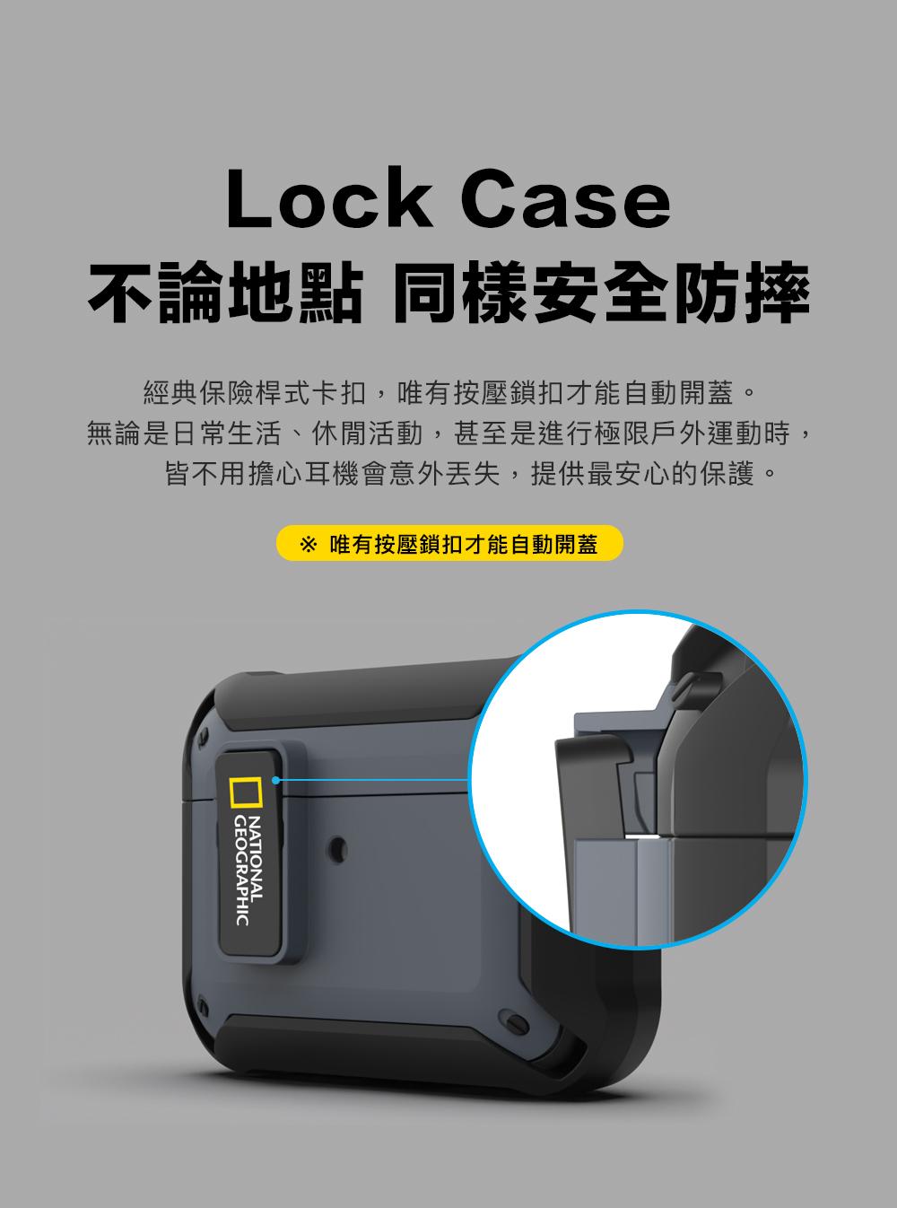 Lock Case不論地點 同樣安全防摔經典保險桿式卡扣,唯有按壓鎖扣才能自動開蓋。無論是日常生活、休閒活動,甚至是進行極限戶外運動時,皆不用擔心耳機會意外丟失,提供最安心的保護。 唯有按壓鎖扣才能自動開蓋FOGRAPHIC