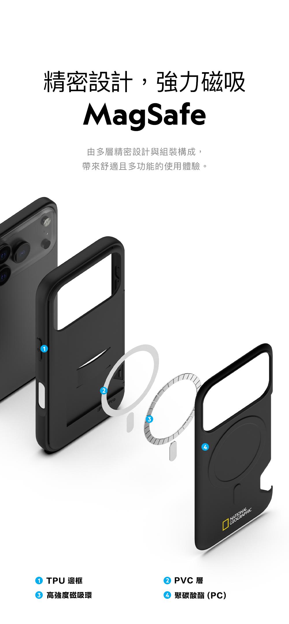 ① TPU 邊框 高強度磁吸環精密設計,強力磁吸MagSafe由多層精密設計與組裝構成,帶來舒適且多功能的使用體驗。ProPVC 層④ 聚碳酸酯(PC)
