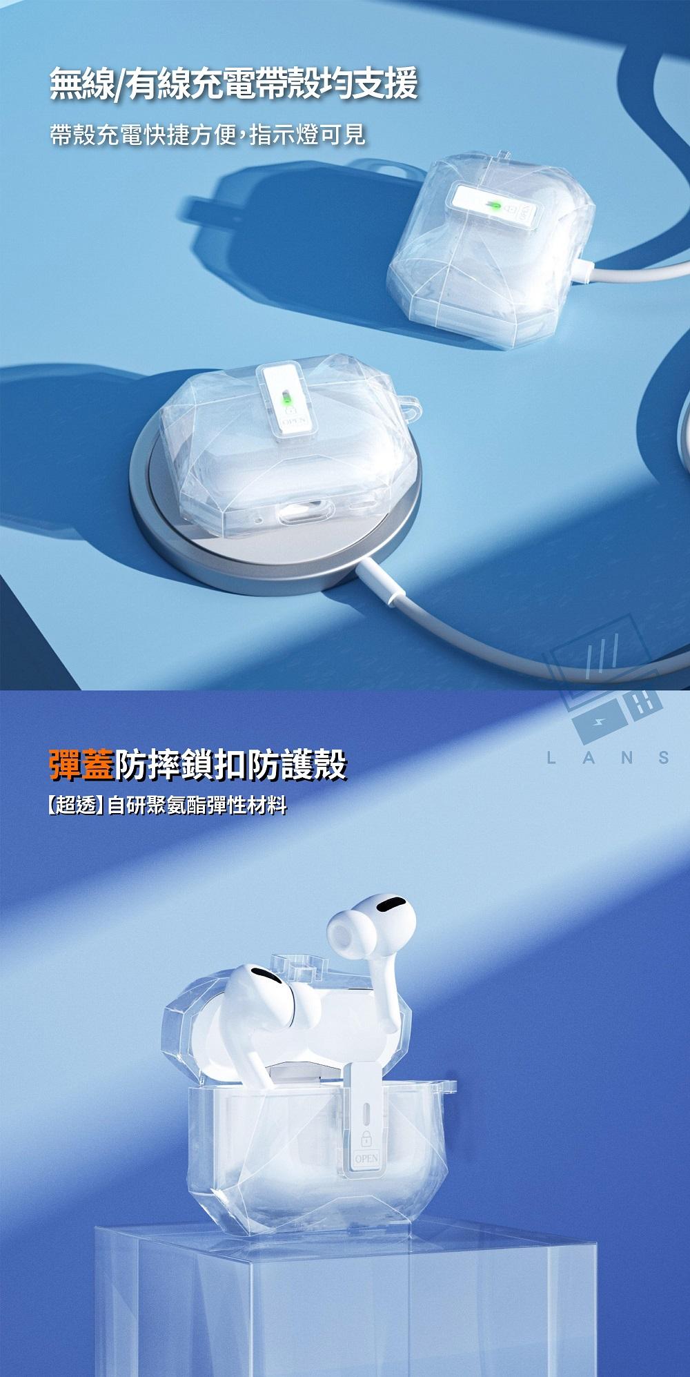 無線/有線充電帶殼均支援帶殼充電快捷方便,指示燈可見OPEN彈蓋防摔鎖扣防護殼【超透】聚氨酯彈性材料LANSOPEN