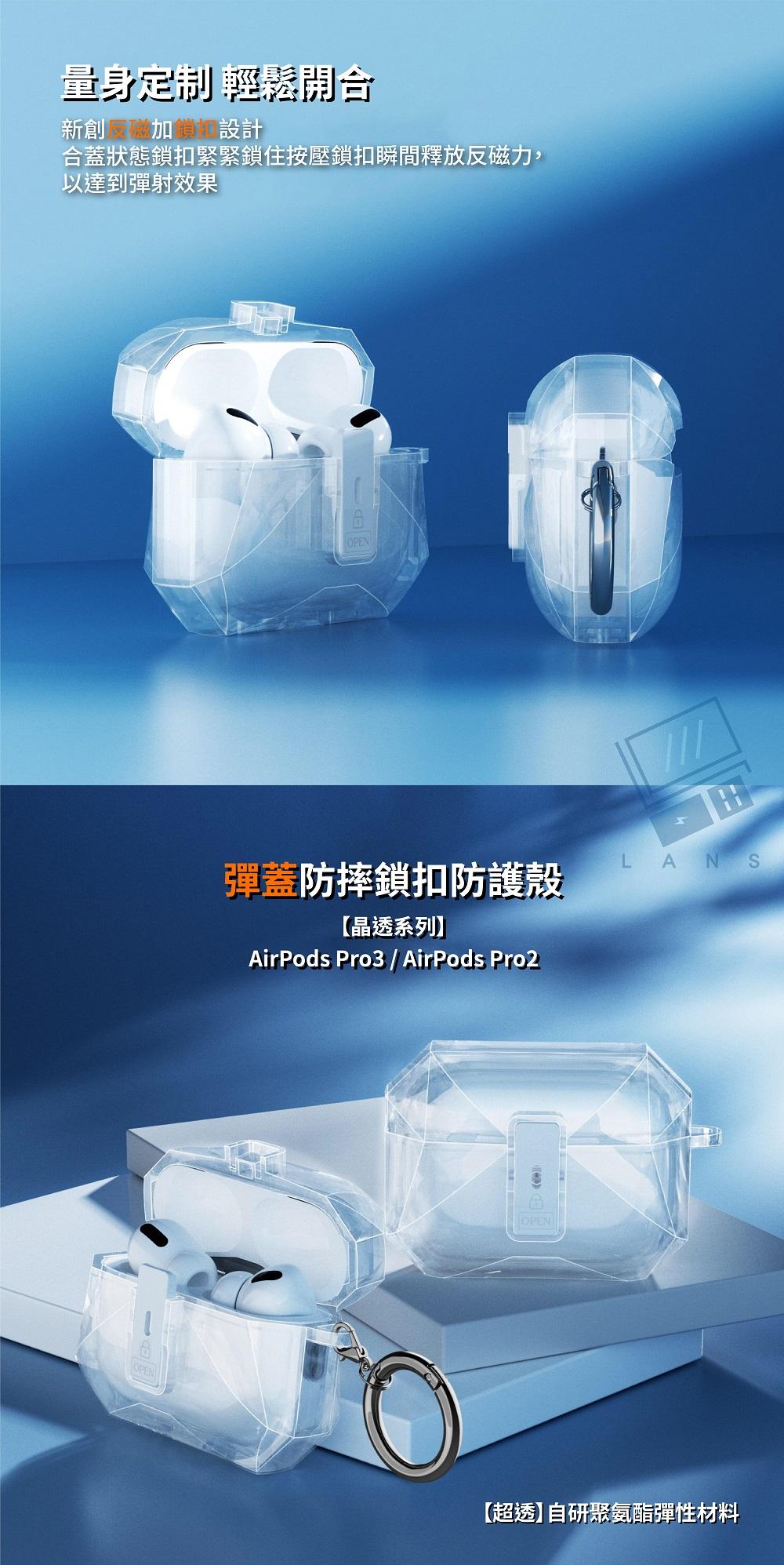 輕鬆開合新創設計合蓋狀態鎖扣緊緊鎖住按壓鎖扣瞬間釋放磁力,以達到彈射效果OPENOPEN彈蓋防摔鎖扣防護殼【晶透系列】AirPods Pro3 / AirPods Pro2LANSOPEN【超透】聚氨酯彈性材料