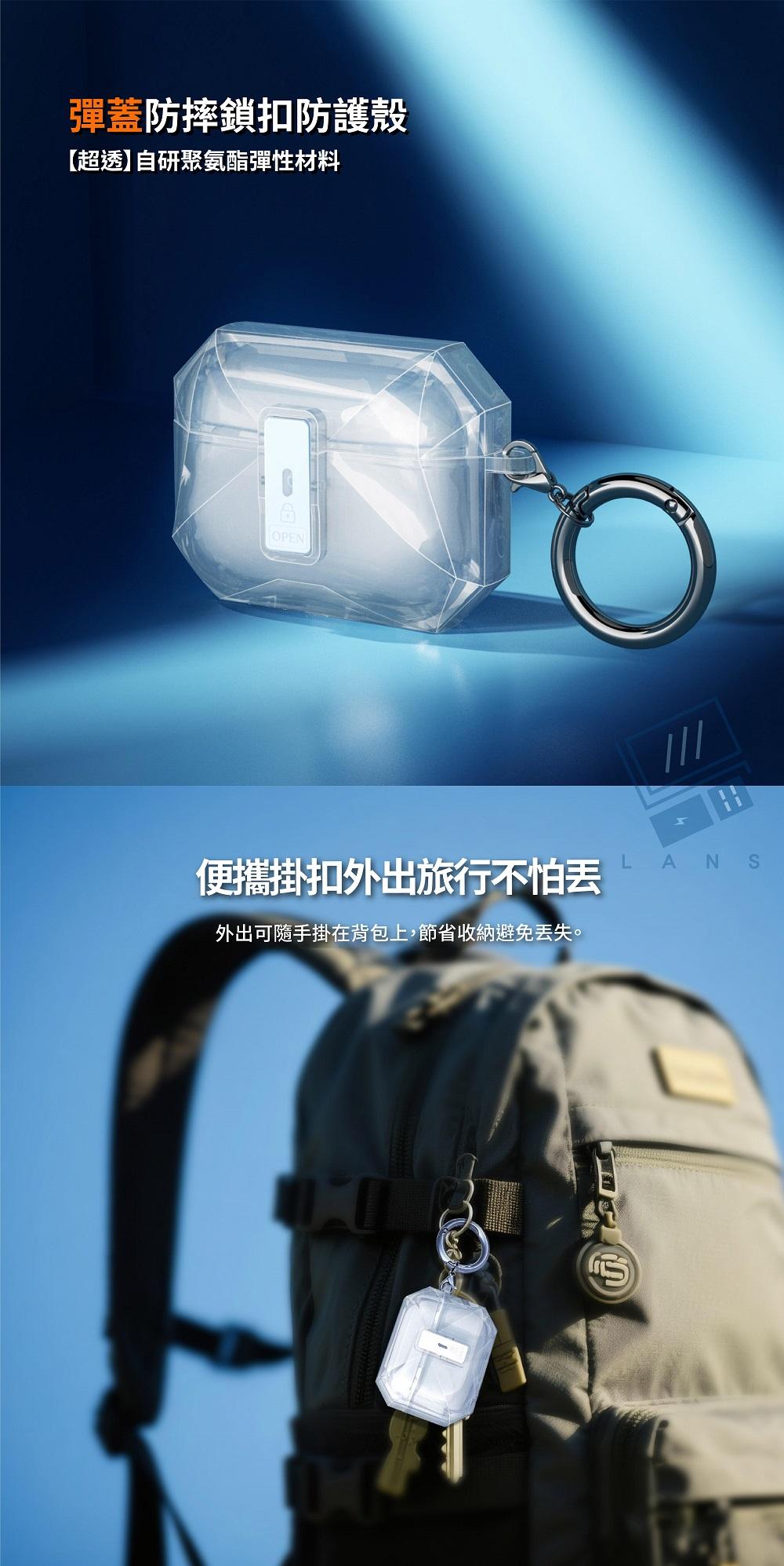 彈蓋防摔鎖扣防護殼【超透】自研聚氨酯彈性材料OPEN便攜掛扣外出旅行不怕外出可隨手掛在背包上,節省收納避免丟失。LANS