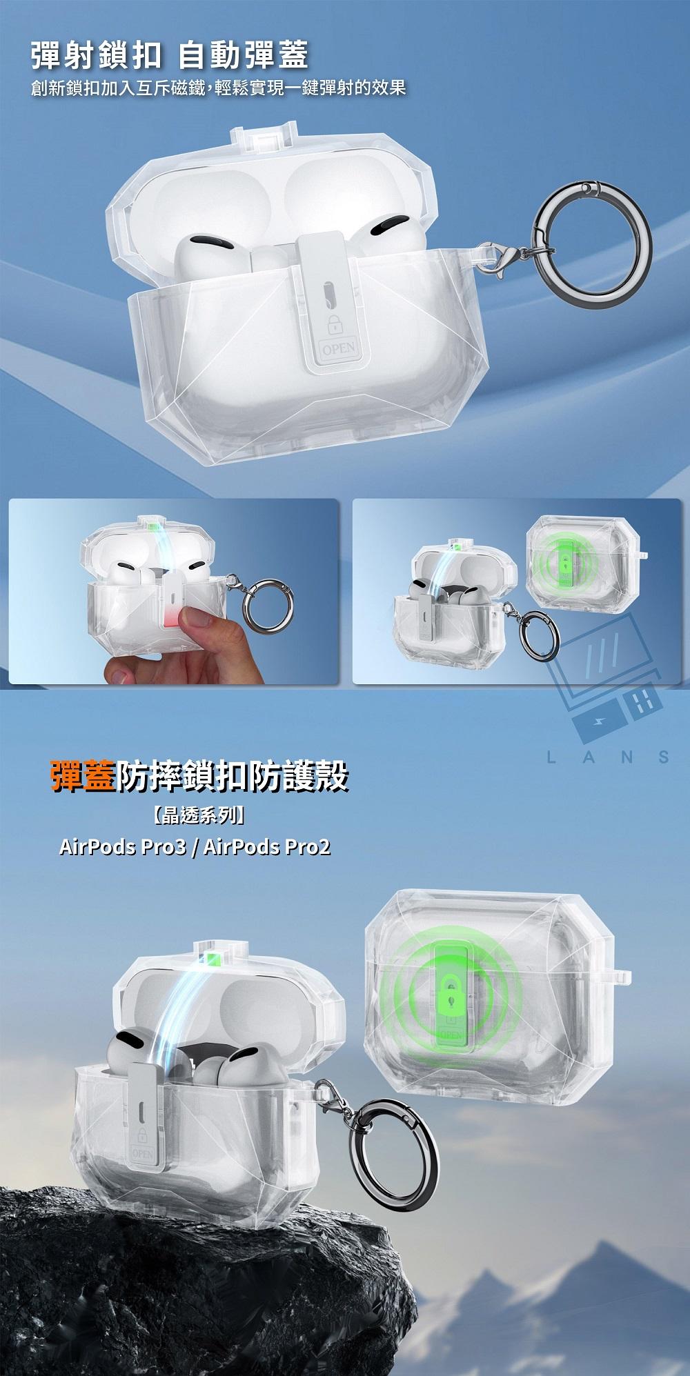 彈射鎖扣 自動彈創新鎖扣加入互斥磁鐵,輕鬆實現一鍵彈射的效果OPEN彈蓋防摔鎖扣防護殼【晶透系列】AirPods Pro3 / AirPods Pro2LANSOPEN