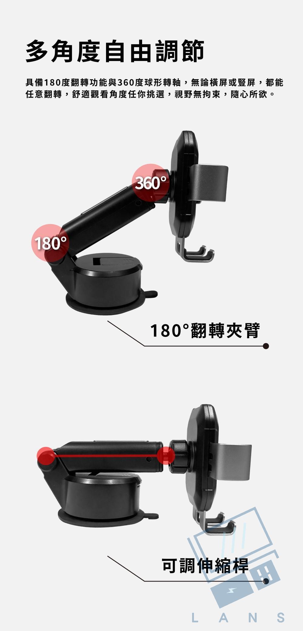 多角度自由調節具備180度翻轉功能與360度球形轉軸,無論橫屏或豎屏,都能任意翻轉,舒適觀看角度任你挑選,視野無拘束,隨心所欲。180360180°翻轉夾臂可調伸縮桿LANS