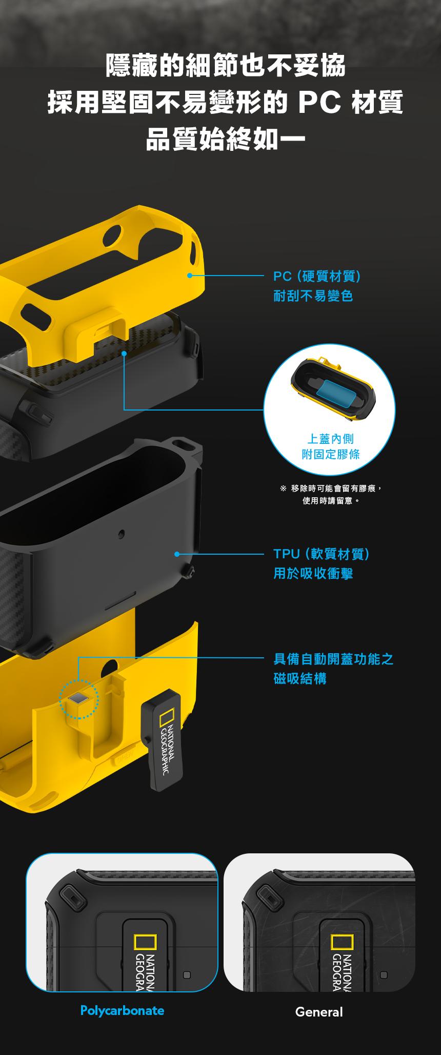 隱藏的細節也不妥協採用堅固不易變形的 PC 材質品質始終如一PC (硬質材質)耐刮不易變色上蓋內側附固定膠條 移除時可能會留有膠痕,使用時請留意。TPU(軟質材質)用於吸收衝擊ATIONAL具備自動開蓋功能之磁吸結構NATIONAGEOGRAPolycarbonateNATIONAGEOGRAGeneral