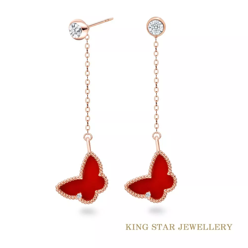 【King Star】幸運草蝴蝶18K玫瑰金兩用鑽石耳環(3種配戴方式)