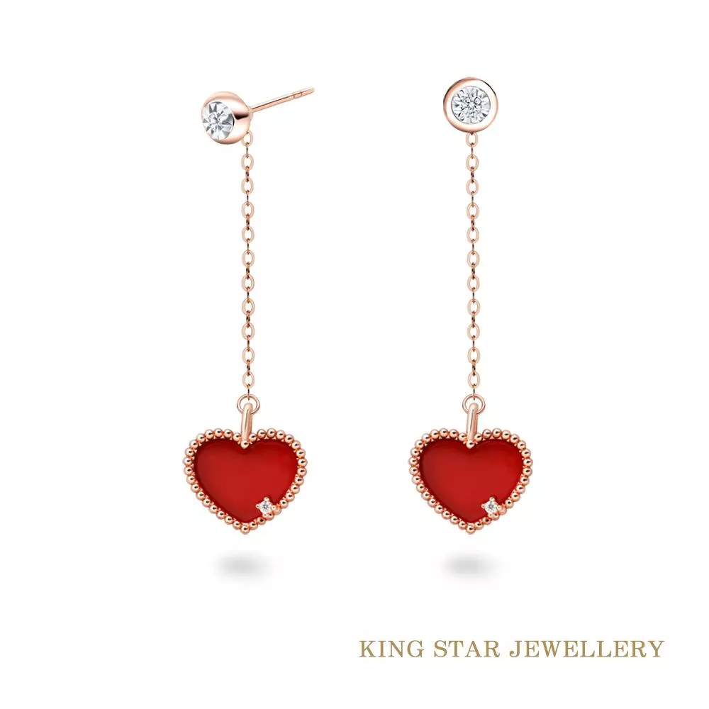 【King Star】愛心瑪瑙18K玫瑰金兩用鑽石耳環(3種配戴方式)