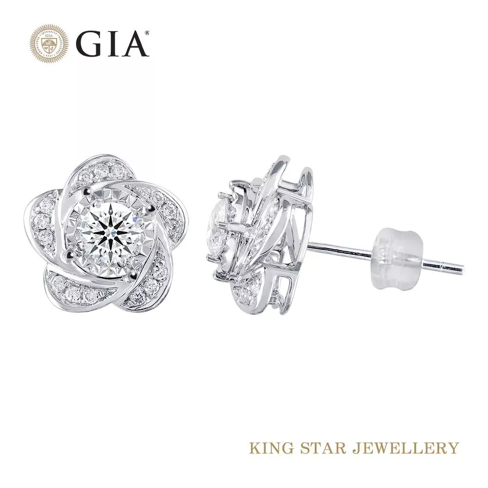 【King Star】GIA 60分鑽石D/3 Excellent極優 八心八箭 14K金花語耳環(D最白顏色)