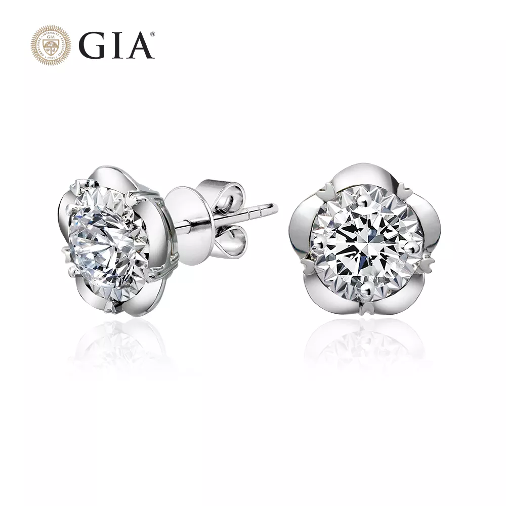 【King Star】GIA 100分18K金花朵鑽石耳環 (最白D color / 單顆一克拉視覺效果)