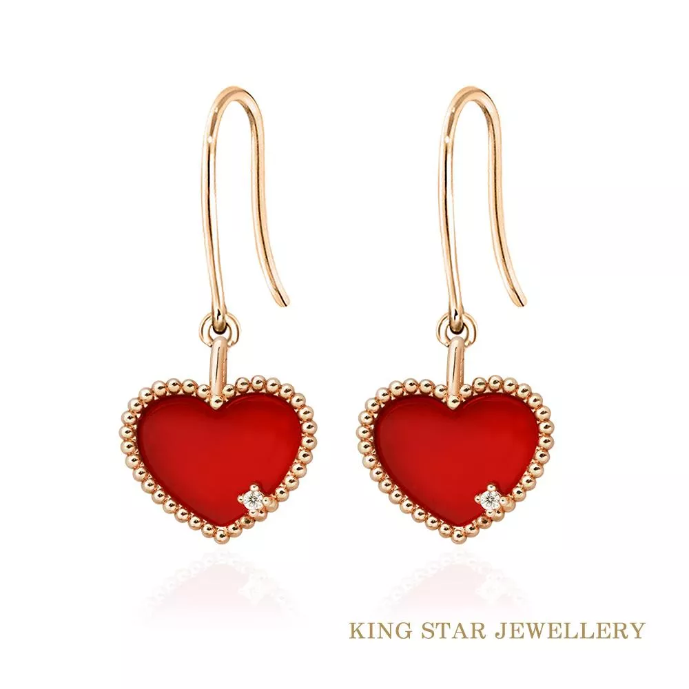 【King Star】18K玫瑰金瑪瑙愛心 耳勾式鑽石耳環