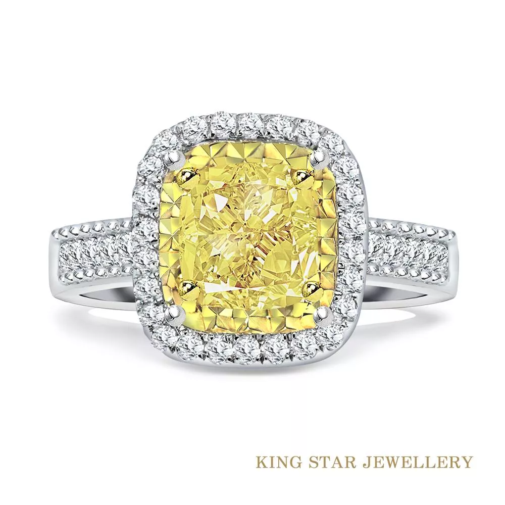 【King Star】一克拉 18K 黃彩鑽石戒指 豪華滿鑽 枕型 (視覺效果超越3克拉 / 3 Excellent極優 八心八箭)