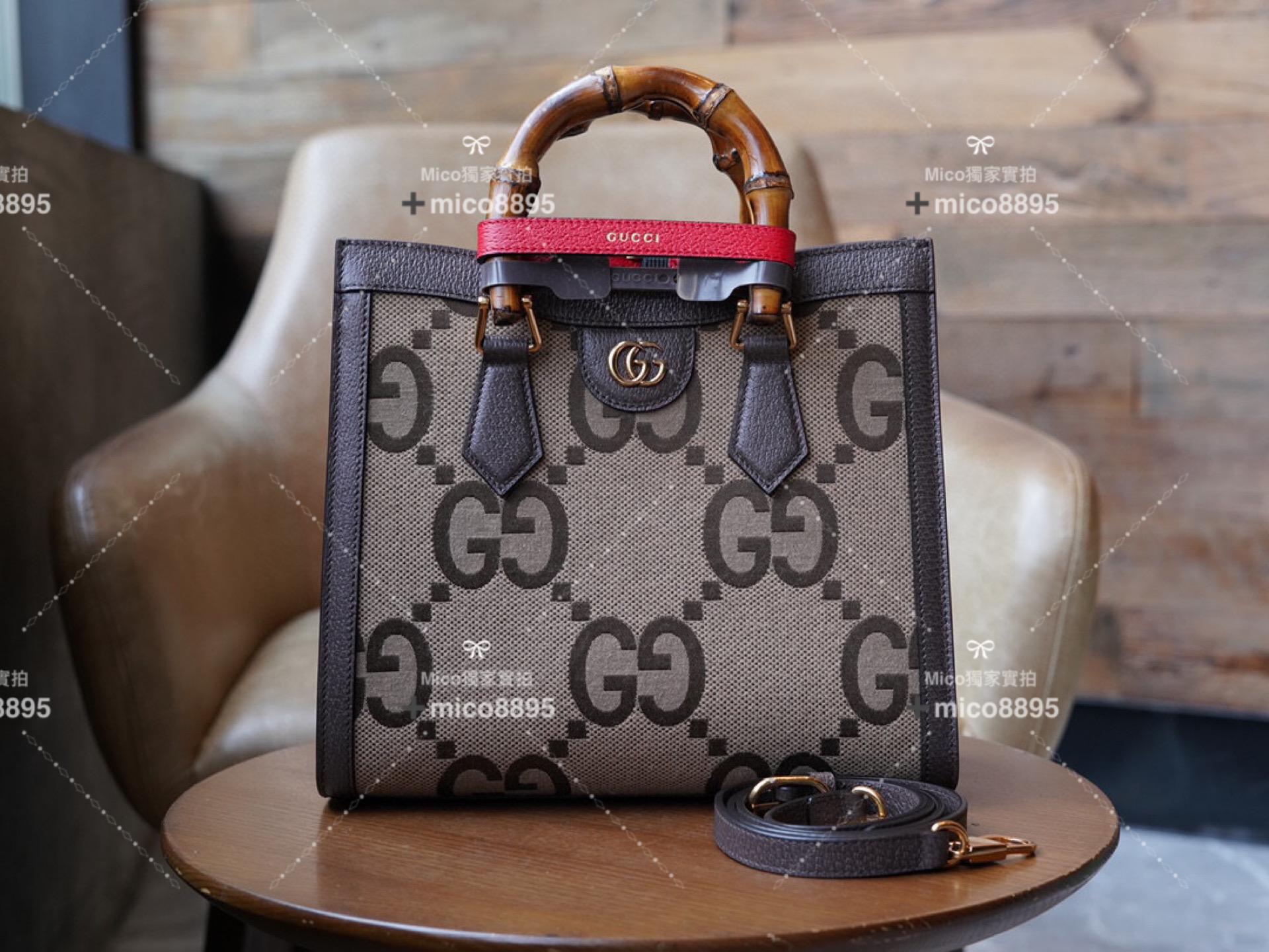 Gucci 𝐃𝐢𝐚𝐧𝐚竹節系列駝色和烏木色雙G圖案帆布托特包小號27cm