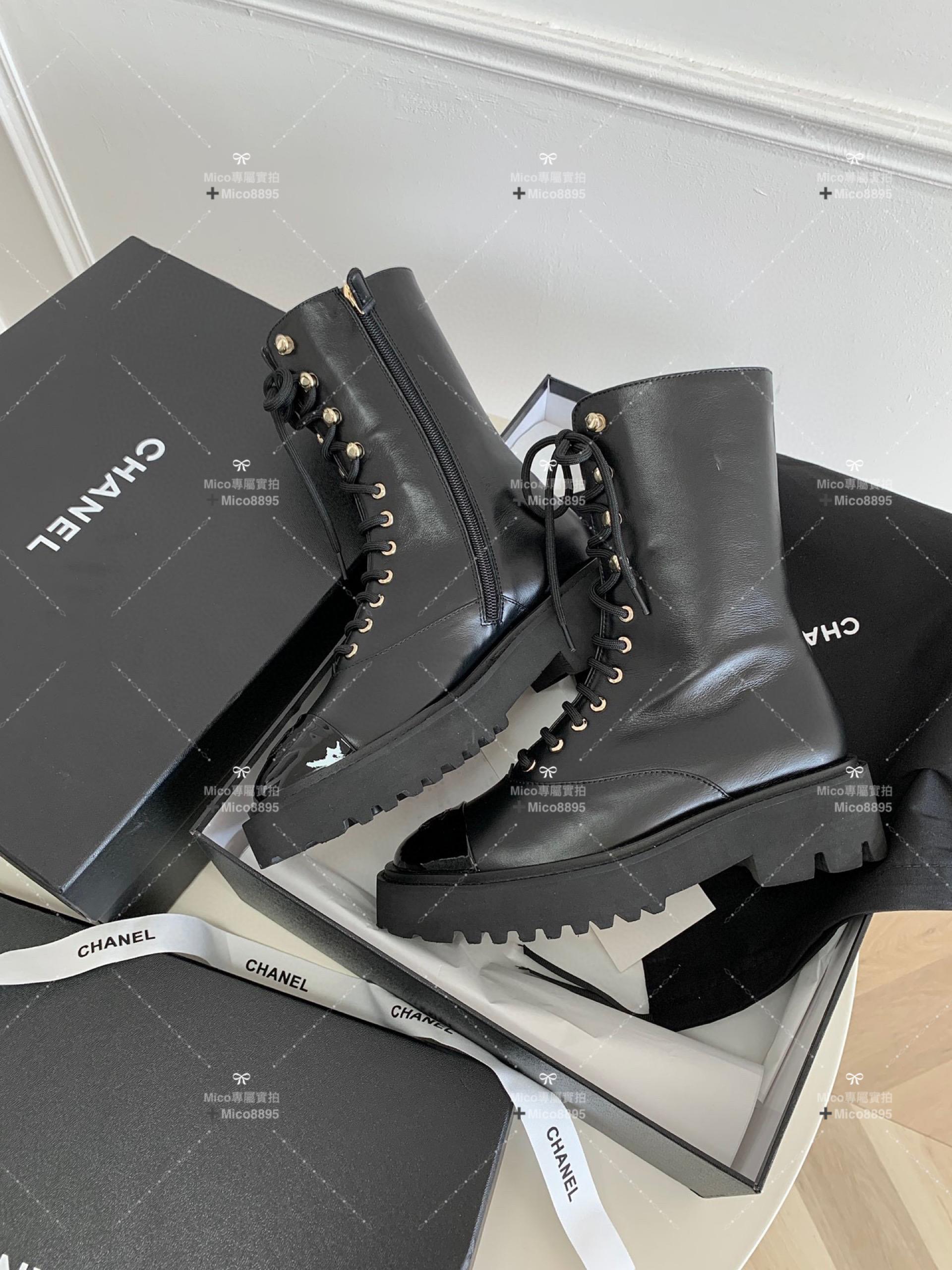Chanel 2022/aw 小羊皮拼漆皮黑系帶機車靴騎士靴35-40 | Mico高端訂製