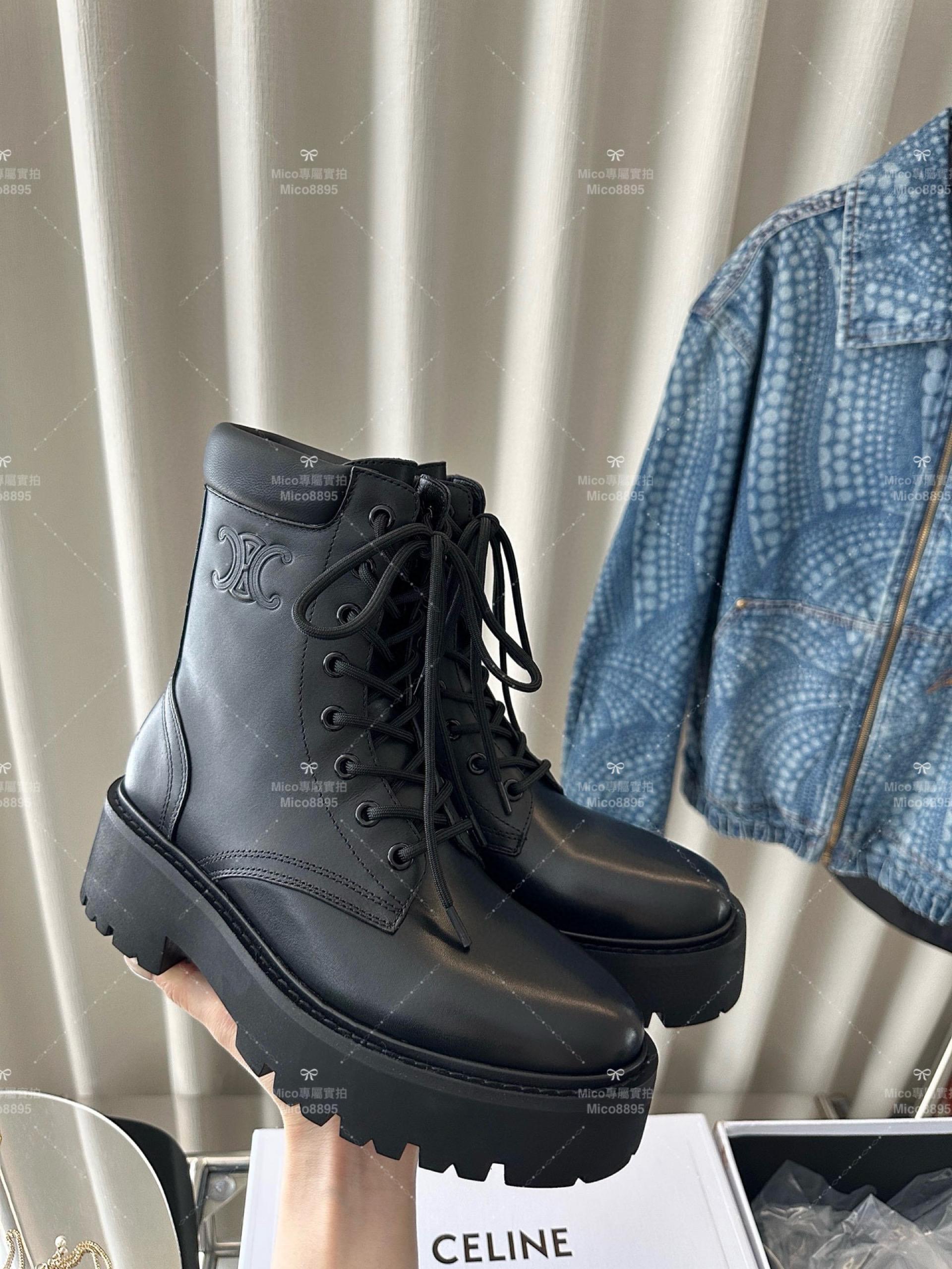 CELINE 「黑色」 TRIOMPHE 秀款牛皮革系帶靴｜35-40 | Mico高端訂製